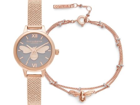 Lucky Bee Gray & Rose Gold Watch with a Double Strand Bracelet Online