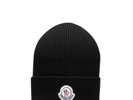 Moncler Logo Patch Black Wool Beanie Online now