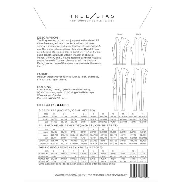 True Bias Rory Jumpsuit Pattern (printed paper) Online Sale